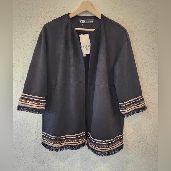 ZARA Combination Faux Suede Embroidered  Jacket Cardigan Size Med - Picture 3 of 16